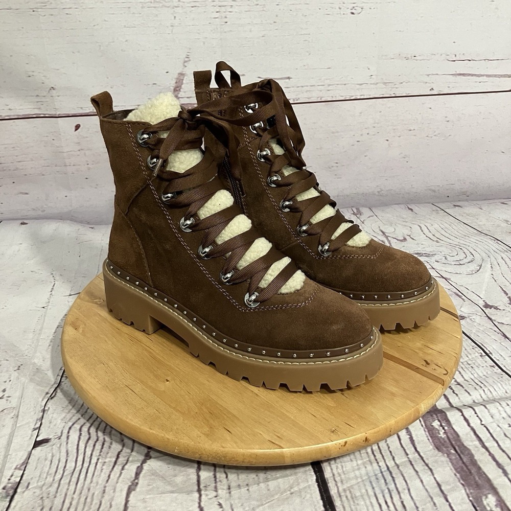 Steve Madden Rainier Womens Size 8.5 Brown Leather Faux Fur Lug Boot Combat